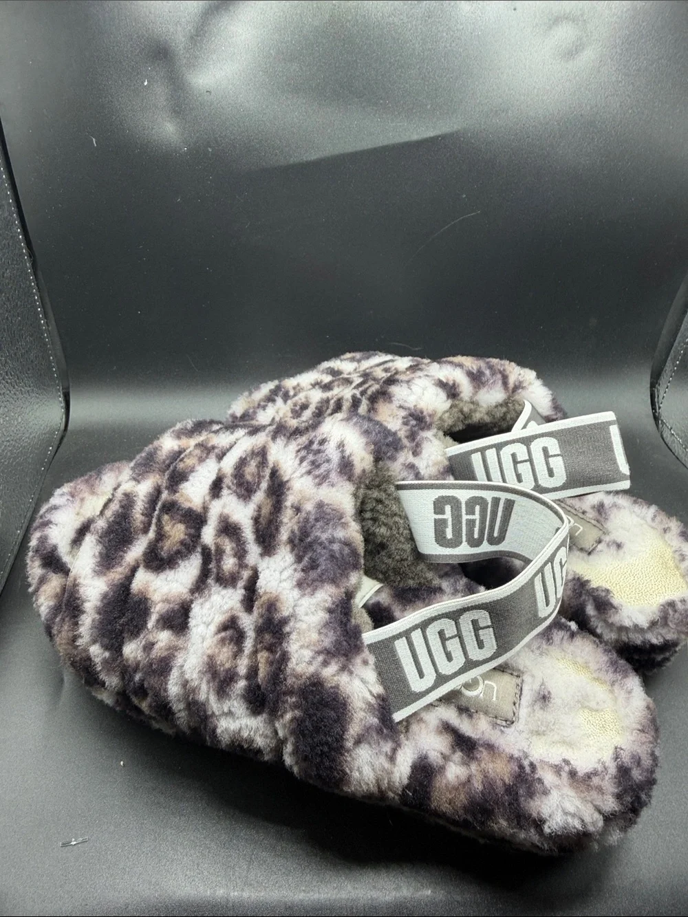 UGG Faux Fur Leopard Print Slide Slippers - Gray/Black
